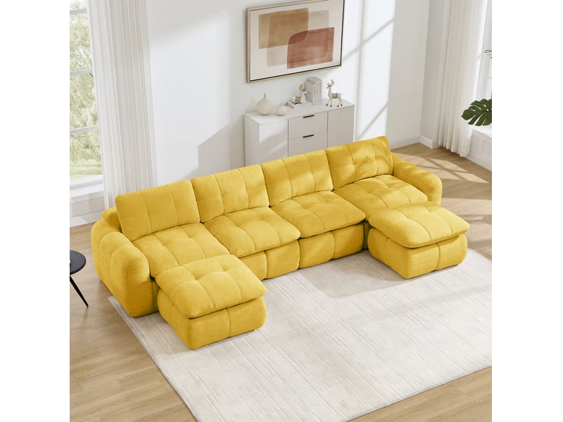 Canapé modulable en u 4 places modenvie avec 2 ottomans en chenille jaune, assises larges et profondes, 334 x 160 x 68 cm - Conforama D