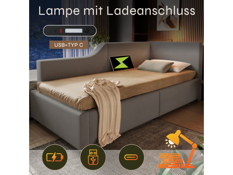  Lit de jour velours gris 90x190 cm lit coffre avec rangement, lampe de lecture et port usb-c  - Conforama E