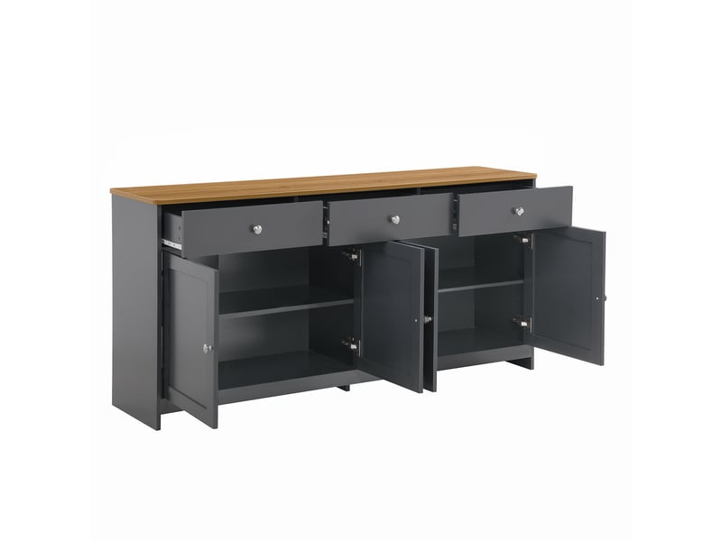  Buffet et enfilade décor bois avec 3 tiroirs, 4 portes et étagères réglables, pour salon ou salle à manger, en mdf, noir, 160 × 37 × 75 cm  - Conforama A