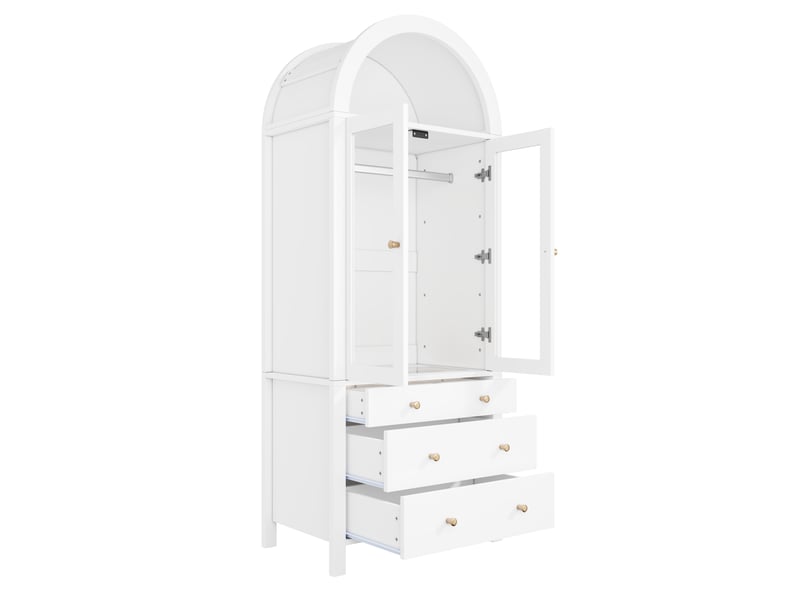  Armoire dressing arquée-armoire de chambre 2 portes vitrées-1 tringle 3 tiroirs rangement bijoux-led intégré-mdf-80x50x200cm-blanc  - Conforama C