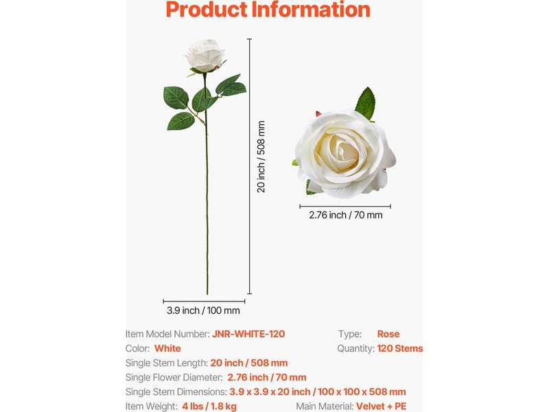  Mophorn lot de 120 roses artificielles, fleurs décoratives de 50,8 cm avec têtes de 7 cm, idéales pour la décoration intérieure, les fêtes, les mariages et les centres de table, blanc  - Conforama B