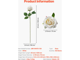Mophorn lot de 120 roses artificielles, fleurs décoratives de 50,8 cm avec têtes de 7 cm, idéales pour la décoration intérieure, les fêtes, les mariages et les centres de table, blanc