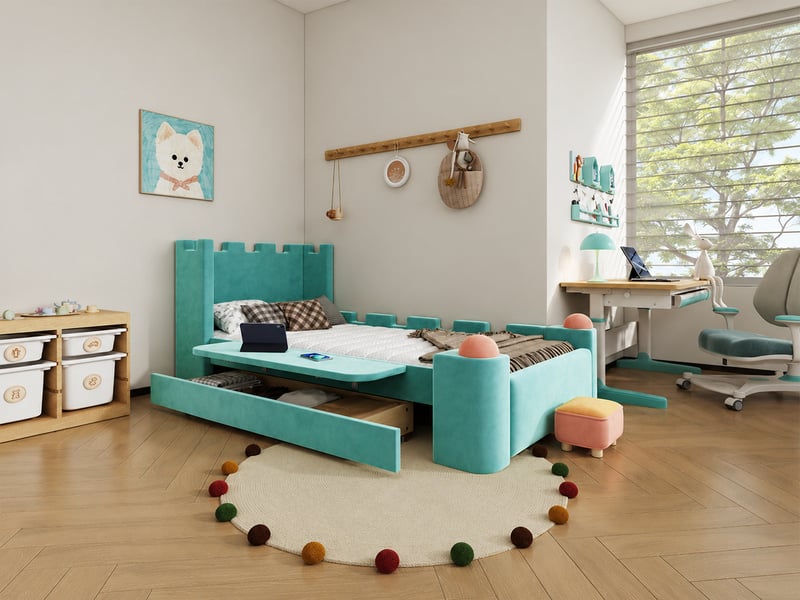  Lit enfant rembourré esprit château - 90x200cm - 1 grand tiroir et tablette latérale rabattable - avec sommier à lattes - bleu-vert  - Conforama B