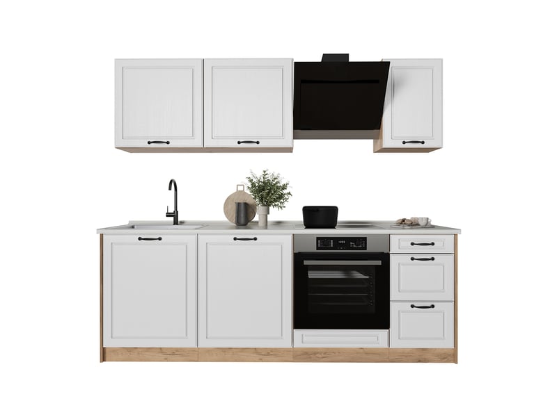 Vicco cuisine, blanc campagnechêne doré, 220cm plan de travail marbre - Conforama E