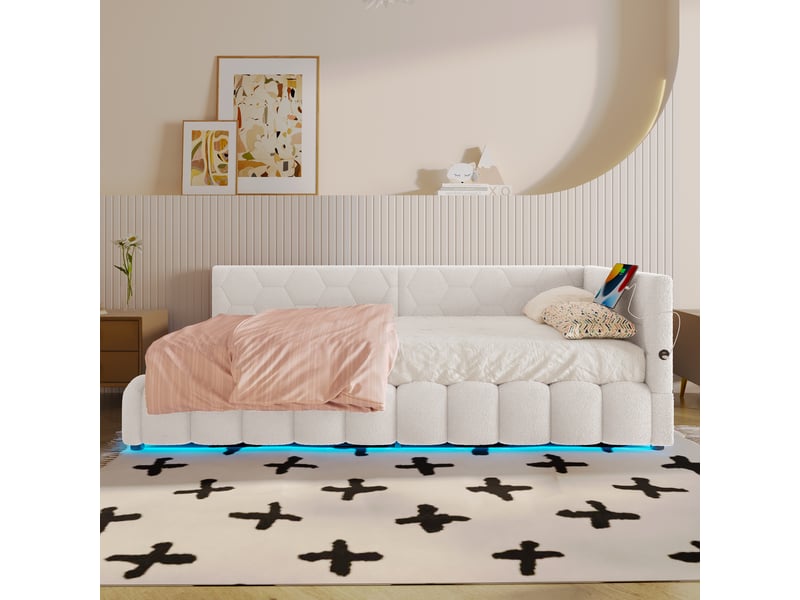  Lit coffre enfant 90x200cm, canapé-lit avec rangement, sommier, led, usb type c,  velours, blanc, sans matelas  - Conforama B