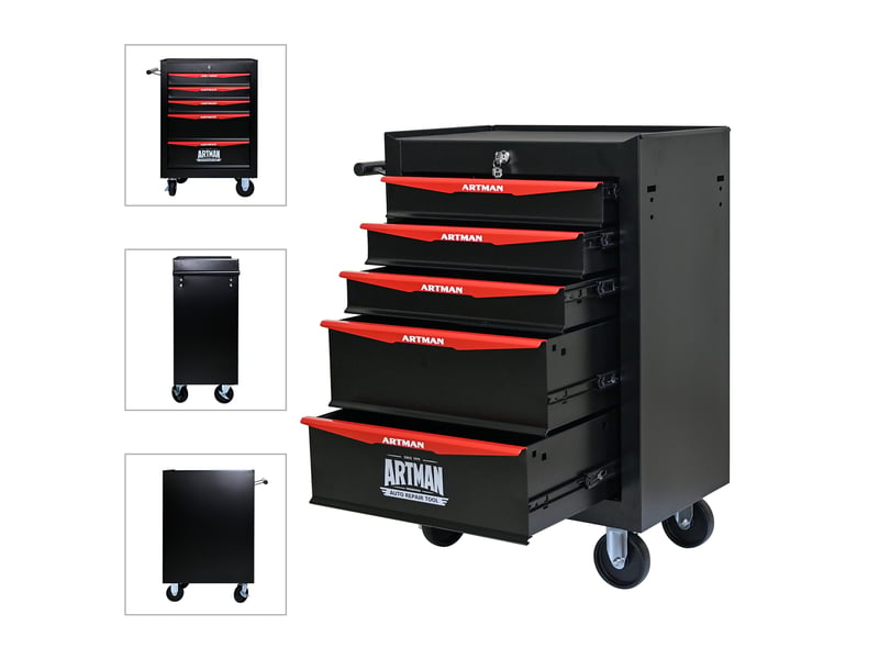  Armoire à outils mobile 60 x 33 x 77,5 cm noir et rouge en acier, 5 tiroirs sur roulettes verrouillables  - Conforama E