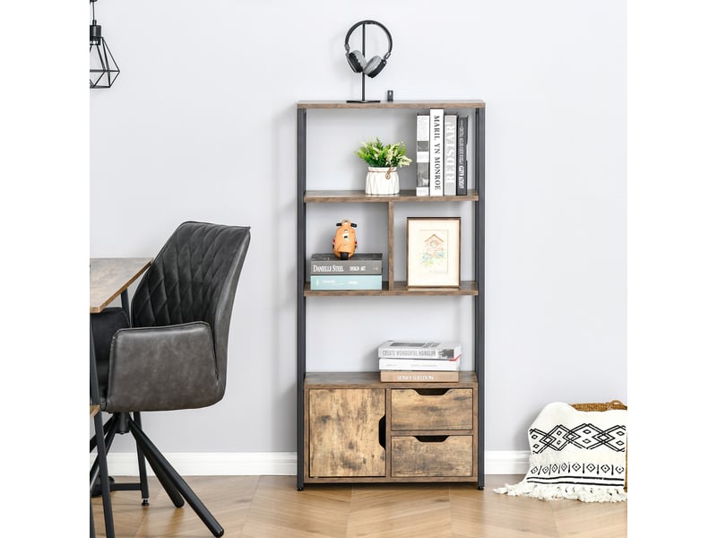  Bibliothèque style industriel 3 étagères placard porte 2 tiroirs panneaux particules aspect vieux bois acier noir  - Conforama D