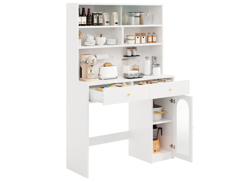  Meuble cuisine 120x45x180 cm avec plan de travail, rangement haut, 2 tiroirs et étagères, armoire de cuisine avec porte verre - blanc  - Conforama A