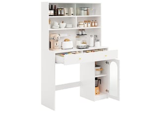 Meuble cuisine 120x45x180 cm avec plan de travail, rangement haut, 2 tiroirs et étagères, armoire de cuisine avec porte verre - blanc