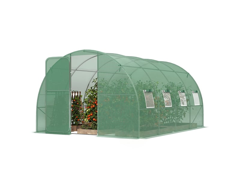  Serre tunnel de jardin 12m², serre de jardin tunnel 295x400x200cm porte et 8 fenêtres, bâche pe 140 gm² vert  - Conforama B