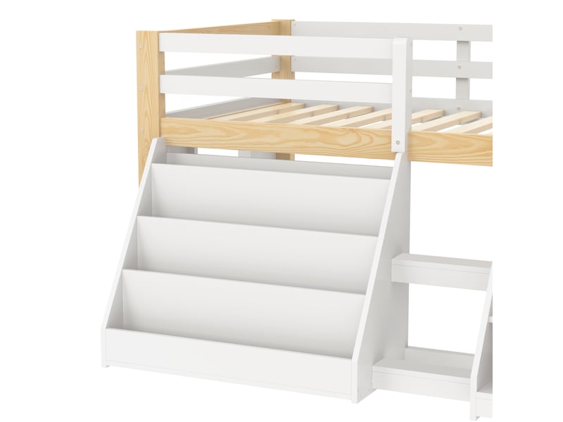  Lit surélevé 90 x 200 cm avec rangements intégrés, bureau intégré, éclairage led, en bois de pin – blanc et naturel, matelas non inclus  - Conforama E