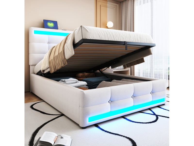  Lit coffre 90x200cm design moderne rembourré led rgb bande lumineuse tête réglable ports usb tissu beige sans matelas  - Conforama W