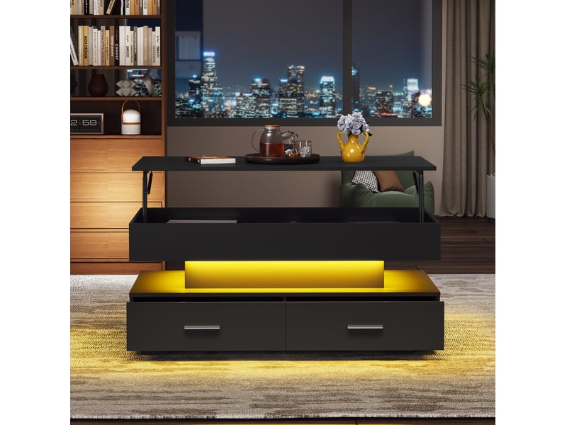  Table basse relevable hydraulique noire avec led, 2 tiroirs et rangement ouvert - 100 x 50 x 44 cm  - Conforama C