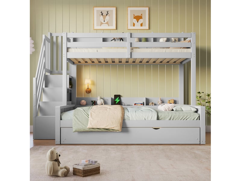  Lit superposé 90x200+140x200+90x190 cm avec lit gigogne, port usb, rangement intégré, mdf et pin, gris sans matelas  - Conforama B