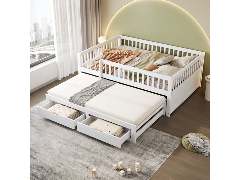 Lit banquette gigogne 140 x 200 cm, couchage gigogne, tiroirs de rangement, sommier à lattes, barrières latérales, pour la chambre, bois massif, blanc ABC - Conforama B