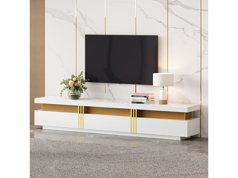  Meuble tv moderne effet marbre 200x40x42 cm avec 3 tiroirs et gestion des câbles pour tv jusqu'à 90 pouces  - Conforama B