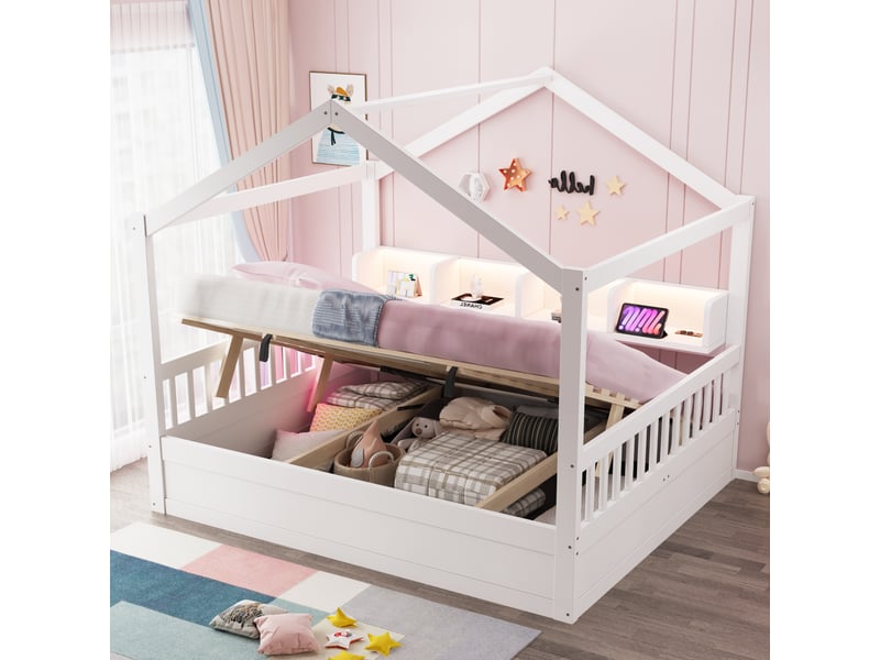  Lit cabane 140 x 200 cm avec coffre hydraulique, étagères, rangements, led et prise intégrée, barrières de sécurité, bois et mdf, blanc OMNIGLINT TRADING LTD - Conforama C