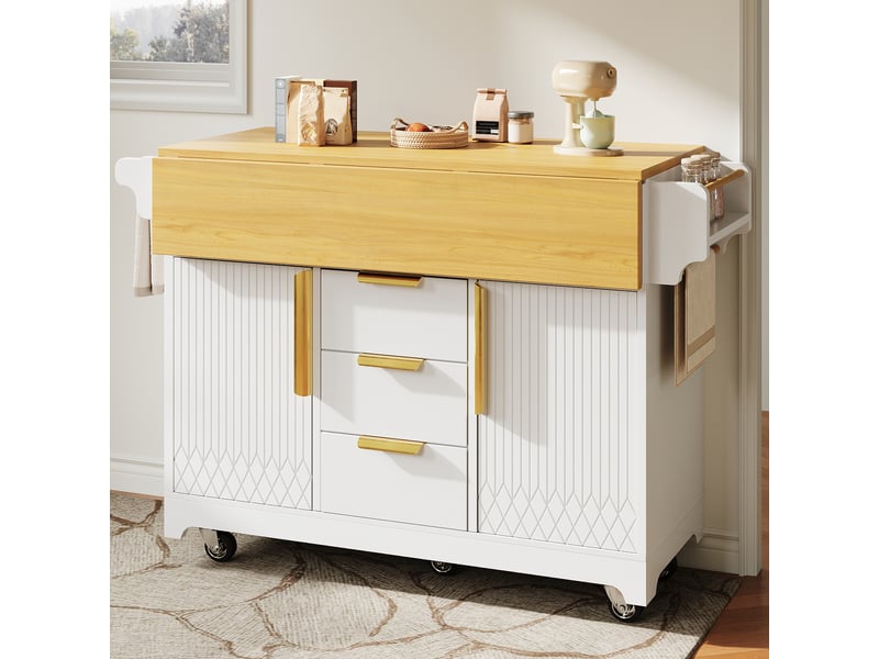  Îlot de cuisine mobile 120 x 40 x 95 cm, plateau extensible, 3 tiroirs, 2 portes et roulettes, blanc, en mdf robuste  - Conforama D
