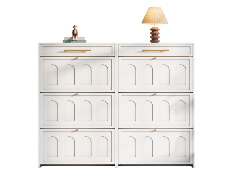  Meuble à chaussures entrée 140x25x123,5 cm, 2 tiroirs et 12 compartiments réglables, gain de place, 36 paires, en panneau mdf, coloris blanc  - Conforama A
