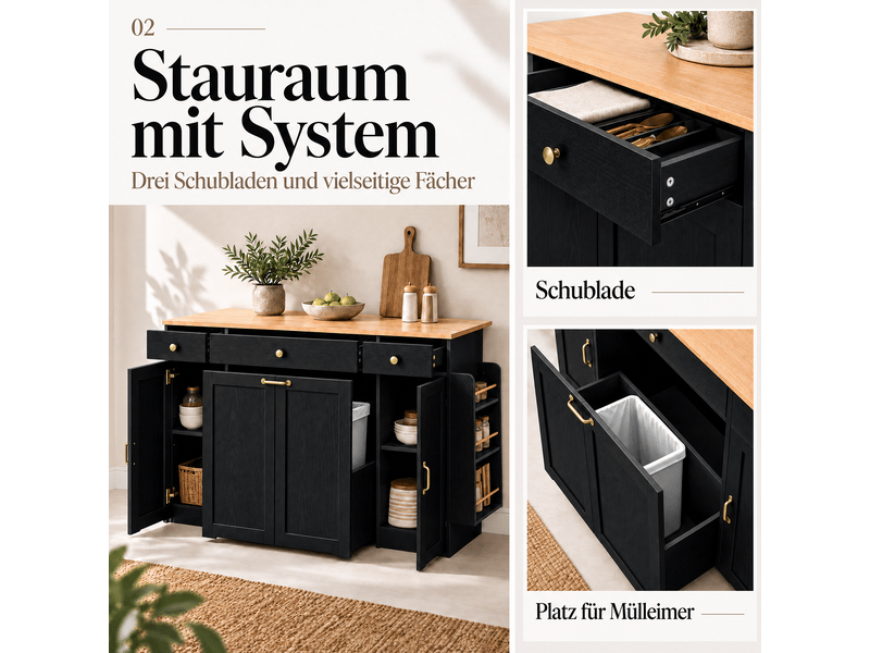 Buffet de cuisine 136 cm avec 3 tiroirs et 2 portes, meuble de rangement avec plateau effet bois, armoire vaisselle pour salle à manger - noir et bois - Conforama E