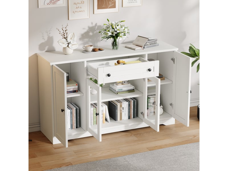  Meuble tv blanc 138 cm avec 4 portes, 1 tiroir, 2 portes vitrées et poignées noires  - Conforama B