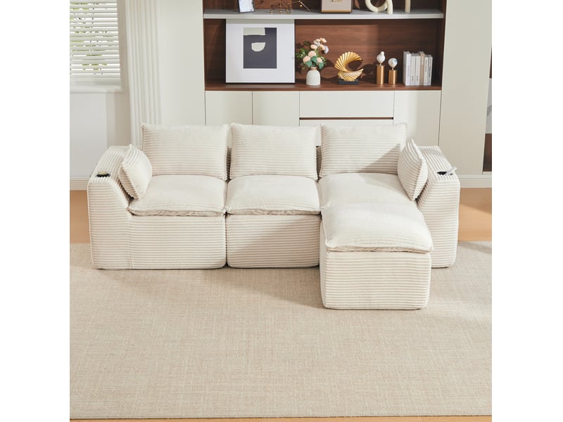 Canapé modulable 3 places modenvie avec pouf, coussins, porte-gobelets et poches latérales en velours côtelé beige - Conforama E