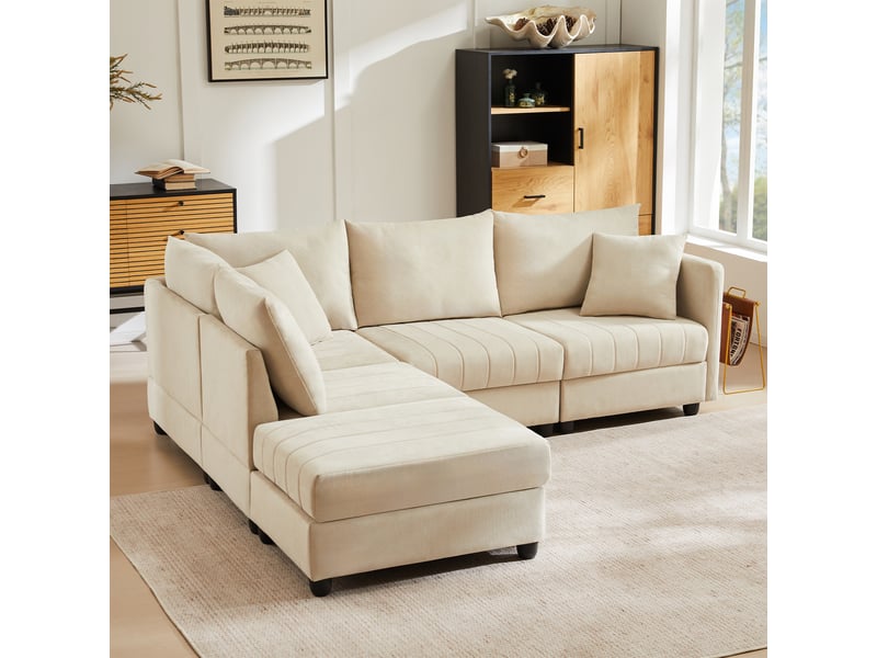  Canapé d'angle modulable 5 places 220x194 cm, configurable en l ou u avec pouf mobile, ressorts ensachés, tissu effet lin beige Radiant Stride - Conforama D
