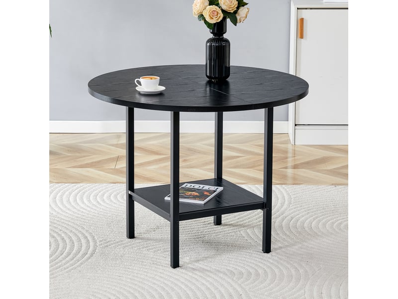 Table de salle à manger ronde, 100x100x77 cm, moderne espace de rangement 4, plateau mdf, piètement métal, coloris noir - Conforama E
