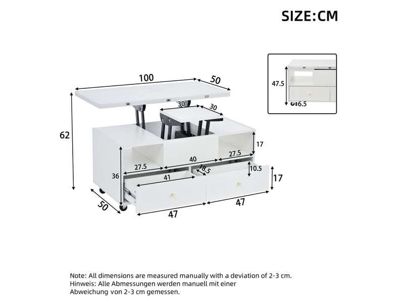  Table basse relevable 100 x 50 x 47,5 cm hauteur 47,5-62 cm hydraulique 4 tiroirs rabattable roulettes mdf blanc  - Conforama C