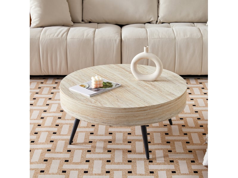  Table basse ronde avec plateau effet travertin, pieds métalliques noirs, style moderne, pour salon, ø 70 × 35,5 cm  - Conforama C