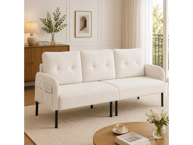 Canapé 3 places 171 x 72 x 80 cm, assise rembourrée, dossier haut, poches latérales, pieds en métal, velours côtelé, beige Bliss Lite - Conforama B