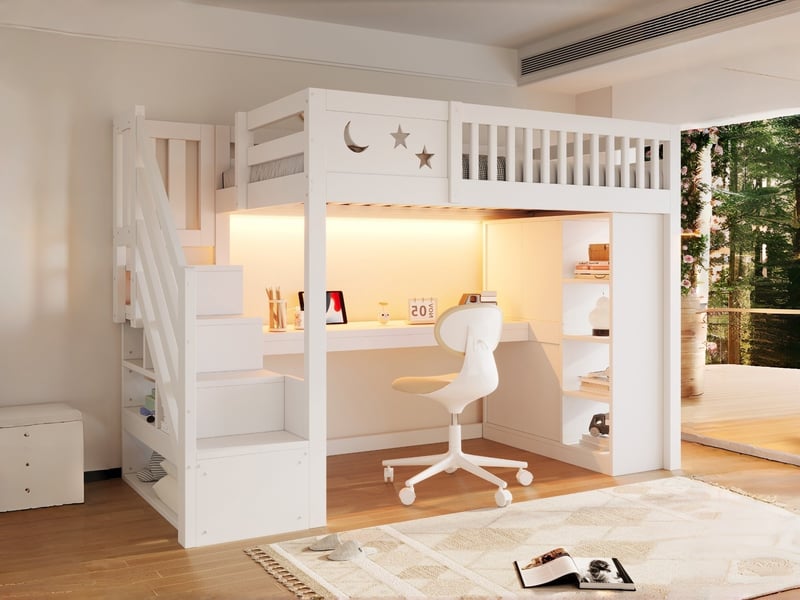  Lit mezzanine en bois 90 × 200 cm, avec garde-corps unique, incluant bureau, éclairage led, étagères ouvertes et armoire, blanc  - Conforama B