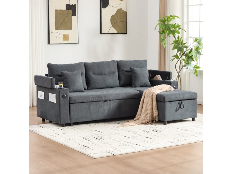 Canapé convertible moderne 3 places avec rangement hydraulique et port usb-c, lin, 212,5 x 136 x 86 cm - gris foncé - Conforama B