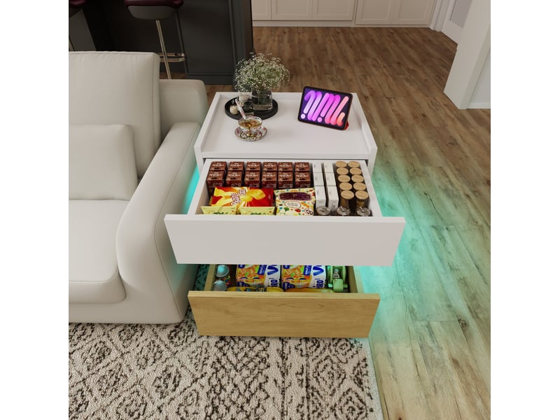 Table de chevet 2 tiroirs, charge sans fil et led réglable, style industriel, blanc et bois naturel 50 × 40 × 50 cm - Conforama E