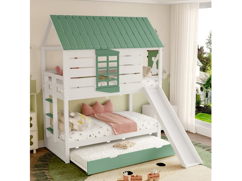  Modenvie lit superposé cabane 90x200 cm - avec toboggan, lit gigogne et barrières - blanc et vert  - Conforama D