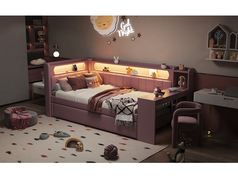  Lit banquette gigogne 90 × 200 cm, bureau intégré, étagères de rangement, éclairage led et ports usb, tissu rose  - Conforama B