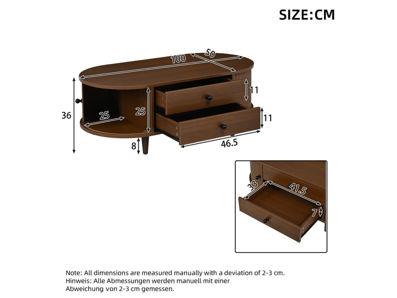  Table basse avec 2 tiroirs et portes coulissantes, finition noyer, en mdf et bois, pour salon, 100 × 50 × 36 cm  - Conforama D