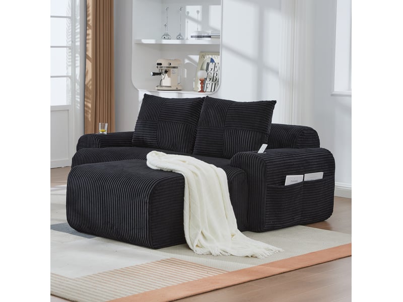  Canapé modulable 2 places 200x174x80 cm avec porte-gobelet intégré poche latérale velours côtelé noir  - Conforama W