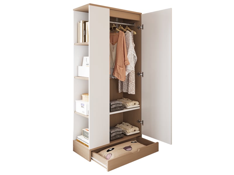 Armoire chambre 70x40x170 cm - 1 porte, étagères réglables, tiroirs, rangement vêtements, blanc et naturel - Conforama A