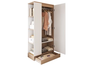Armoire chambre 70x40x170 cm - 1 porte, étagères réglables, tiroirs, rangement vêtements, blanc et naturel