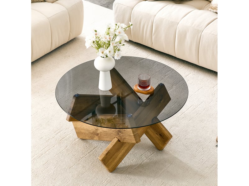  Table basse ronde en verre trempé et mdf aspect bois, 79 x 79 x 45 cm  - Conforama C