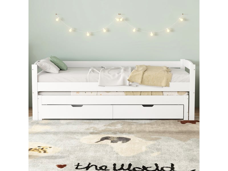  Lit banquette 90x200 cm avec lit gigogne 90x190 cm-tiroirs de rangement en mdf-structure en pin massif-blanc  - Conforama E