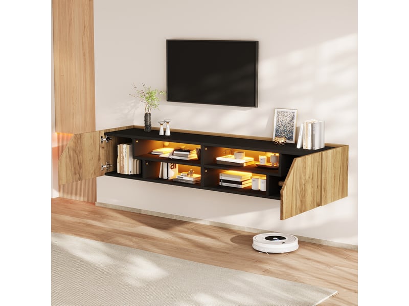 Meuble tv mural 180x36,5x40 cm avec éclairage led bluetooth, 2 portes, 6 rangements, pour tv jusqu'à 75 pouces, mdf - noir + naturel - Conforama C
