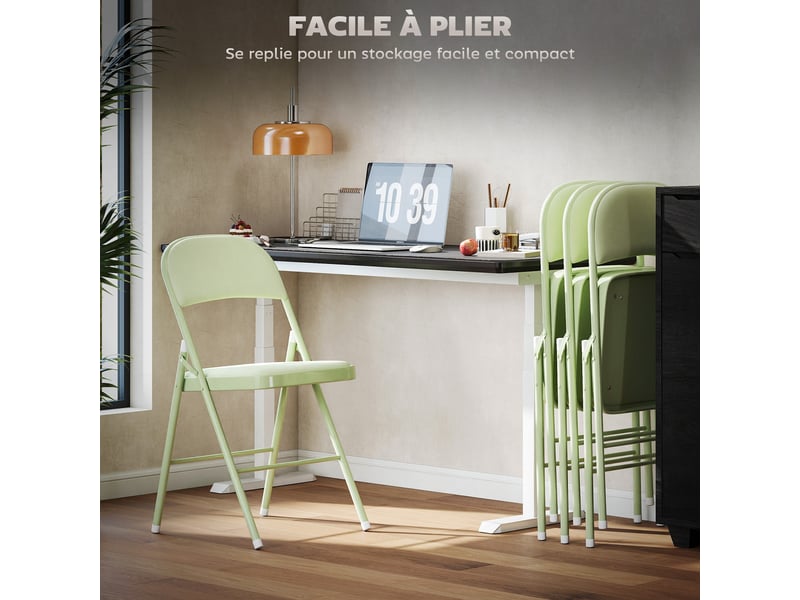  Lot de 4 chaises pliantes et portables intérieur avec assises et dossiers rembourrés en velours, vert, cadre en acier  - Conforama R