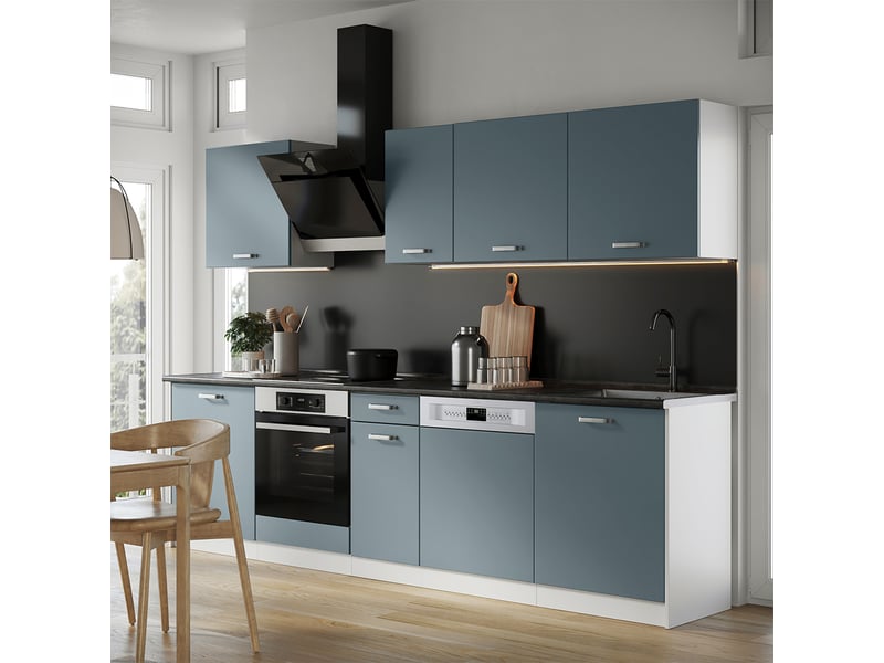  Vicco cuisine, bleu-grisblanc, 280cm plan de travail chêne doré  - Conforama C