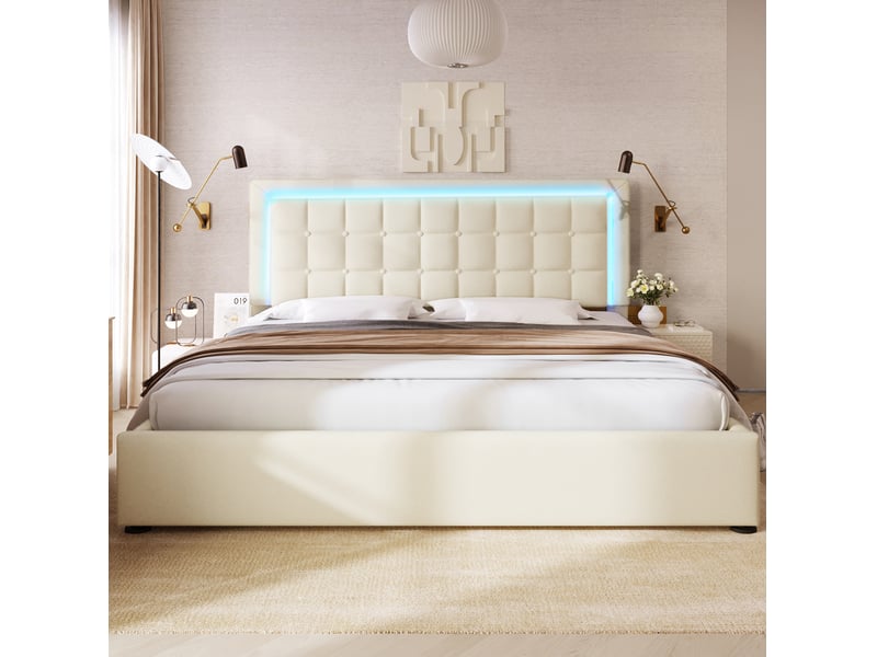 Lit coffre 180x200 cm blanc avec sommier, éclairage led et tête de lit en pu - Conforama E