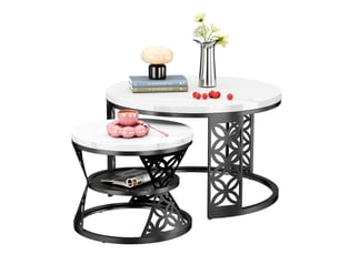 Tables gigognes rondes 70 et 45 cm, plateau blanc et pieds noir mat, style scandinave épuré
