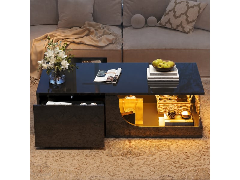 Table basse led noire avec 2 tiroirs, mdf et verre trempé, 100 x 50 x 30 cm, noir - Conforama C