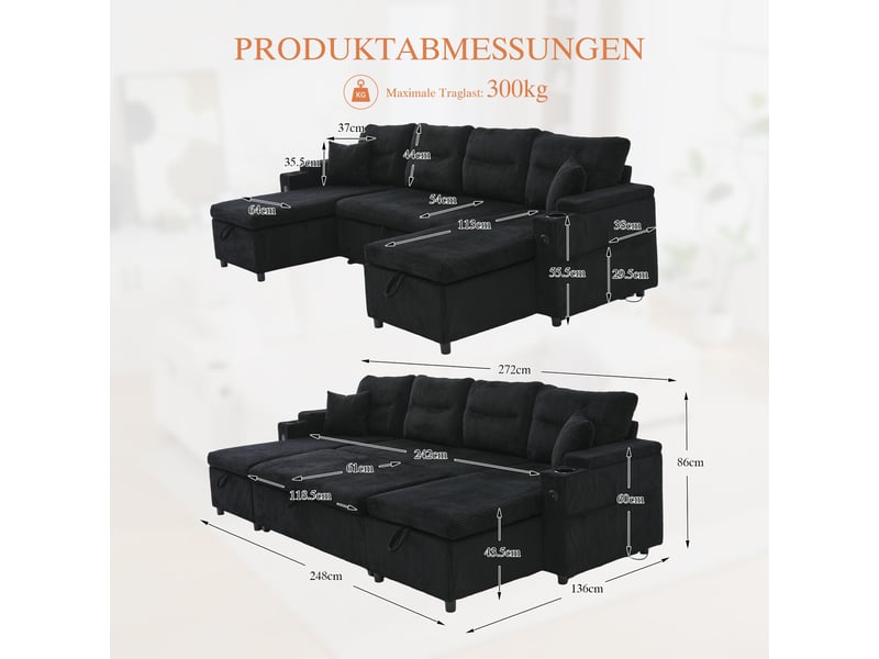  Canapé panoramique convertible en lit 272 cm, 4 places avec double méridienne, rangements, porte-gobelets, usbtype-c, velours côtelé, noir  - Conforama D