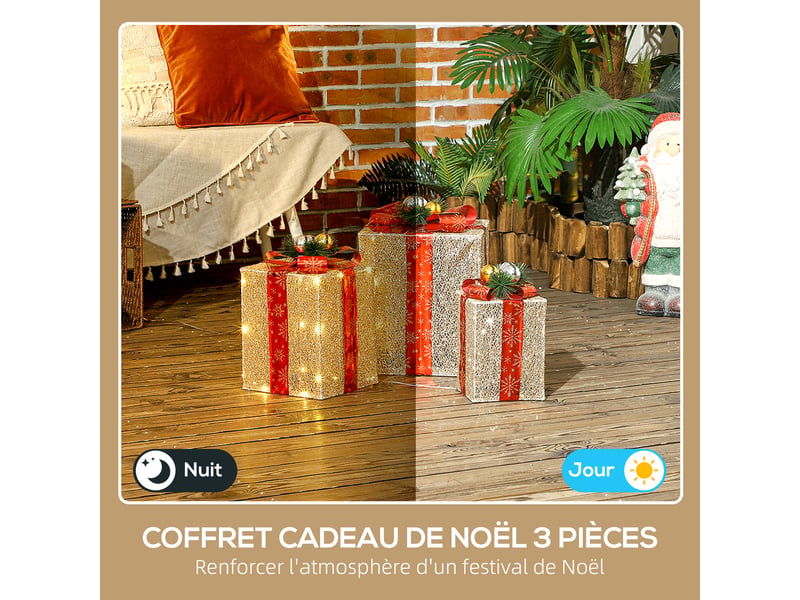  Boîtes cadeaux noël lumineuse décorations de noël avec nœud 58 lumières lot de 3 boîtes à cadeaux à led or  - Conforama D